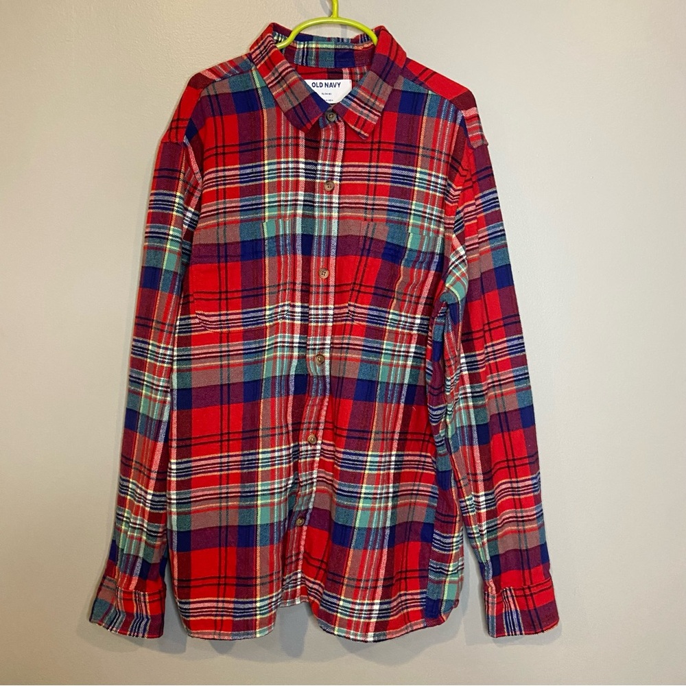 Old Navy Boy's Plaid Flannel Button Up Shirt Red Size XL 14-16 100% Cotton